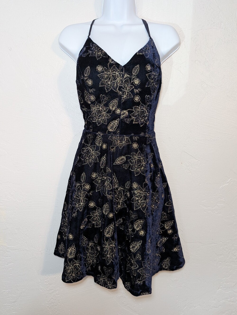 Navy Blue & Gold Velvet Floral Whimsigoth Cocktail Mini Dress Fairy Grunge Witch